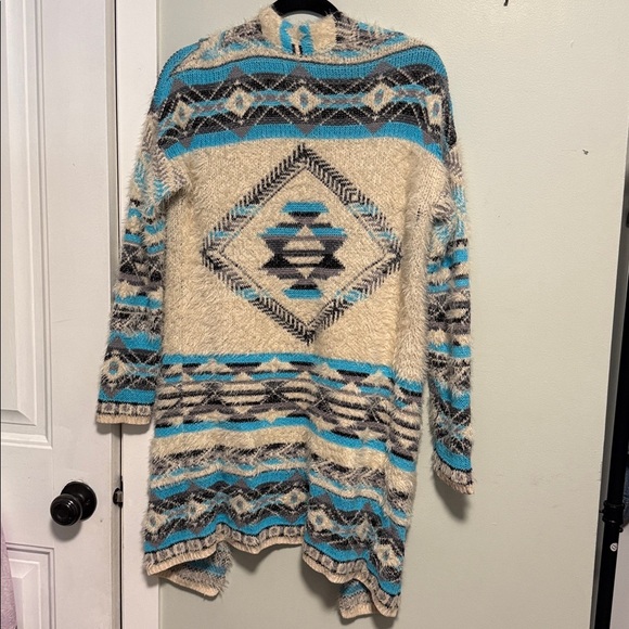 Chic Tribal Pattern Cardigan duster - Blue and Cream - super soft - oversized S - Picture 5 of 5
